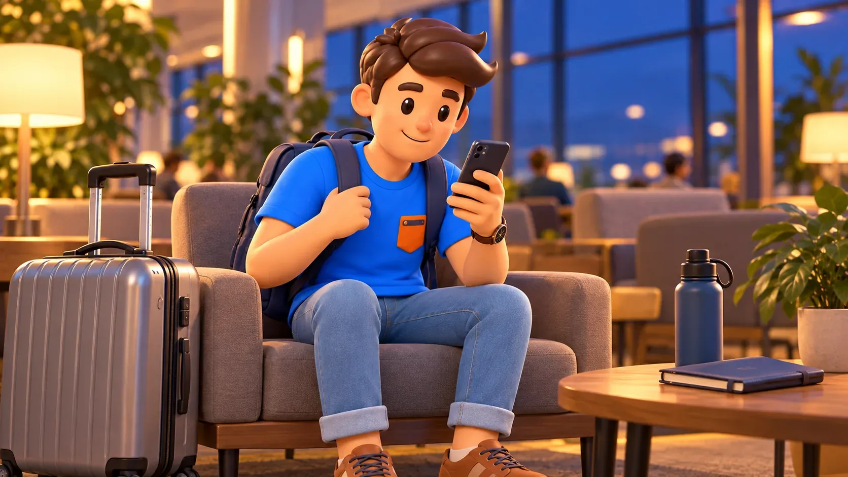 Voyageur consultant son téléphone dans un espace d’attente calme le soir
