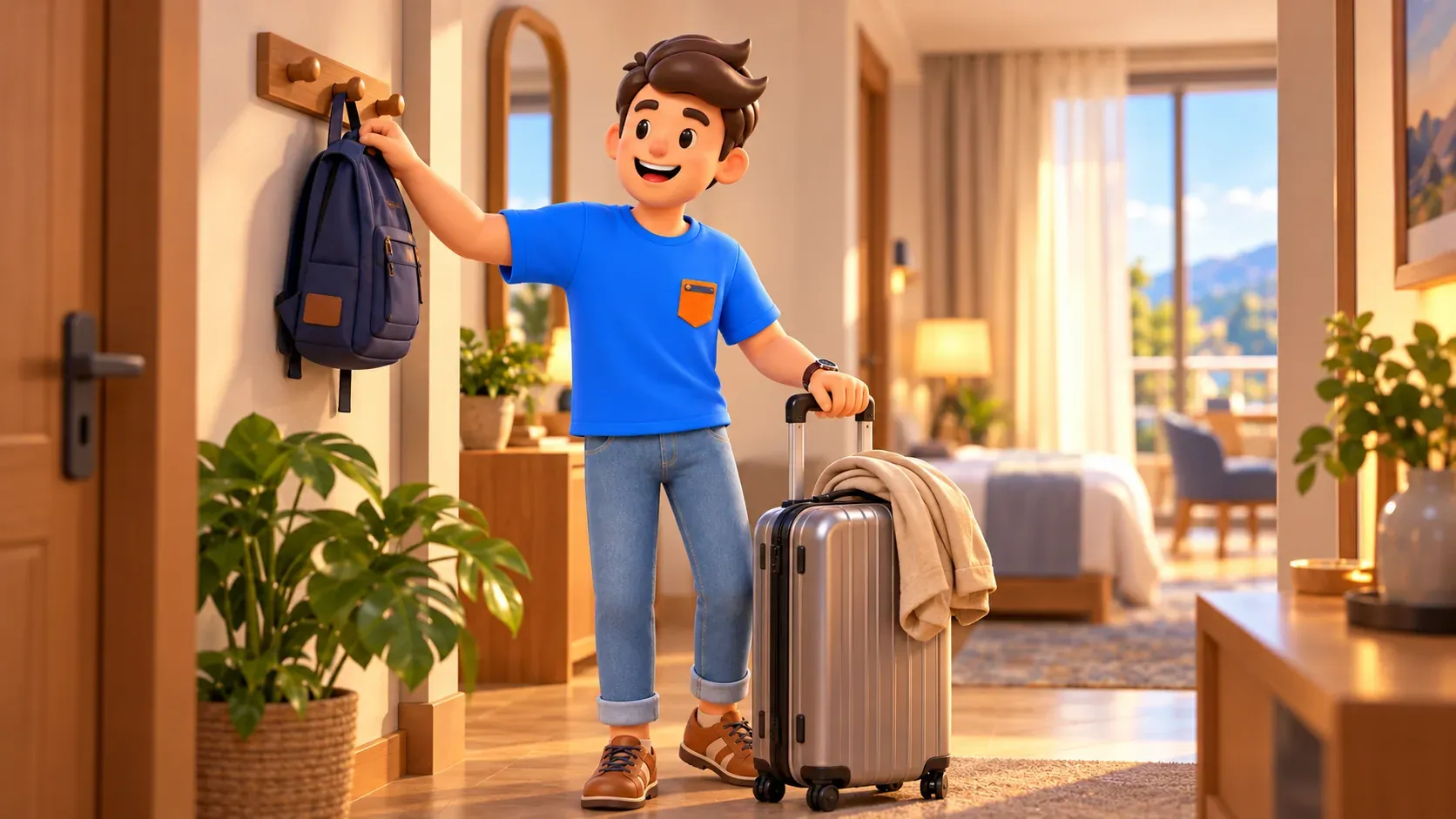 Voyageur soulagé déposant ses bagages dans sa chambre