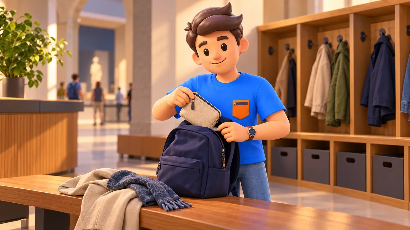 Viajero sacando una bolsa pequeña junto al guardarropa antes de la visita