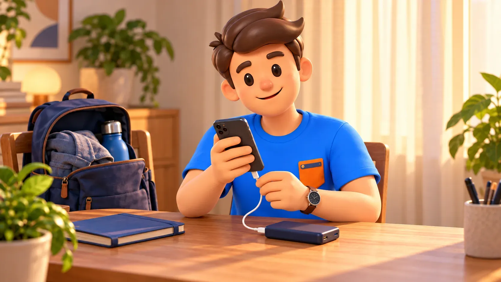 Traveller connecting a phone to a power bank before visits