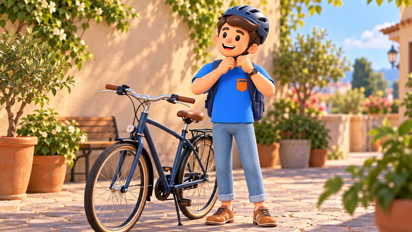 Traveller fastening a helmet beside a city bicycle