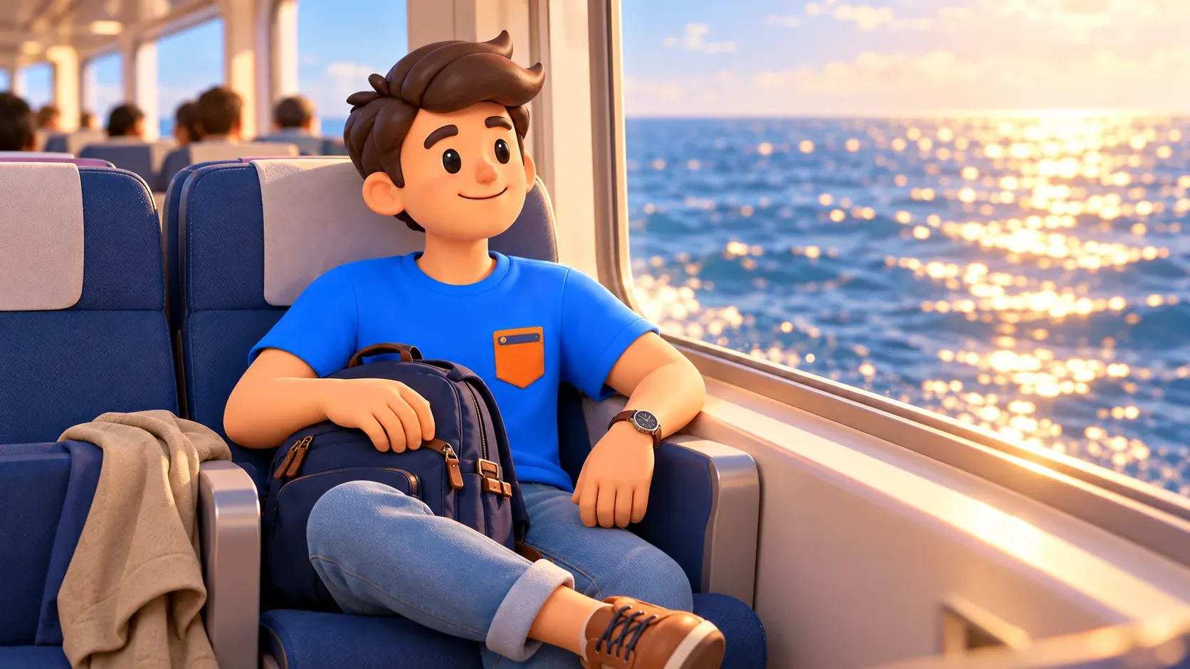 Traveller resting in a boat passenger seat and looking at the water
