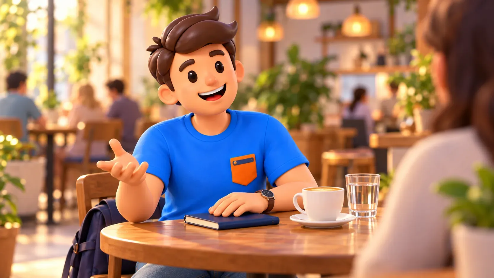 Viajero comentando sus visitas preferidas con un acompañante en una cafetería