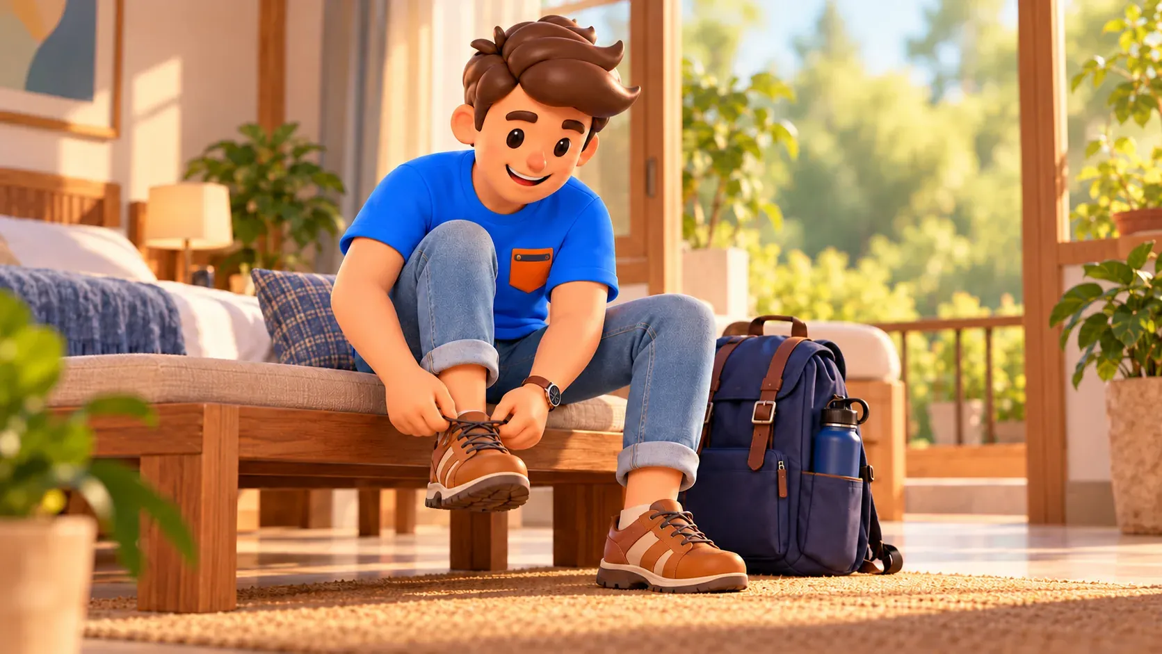 Traveller tying closed walking shoes with a grippy sole before going out