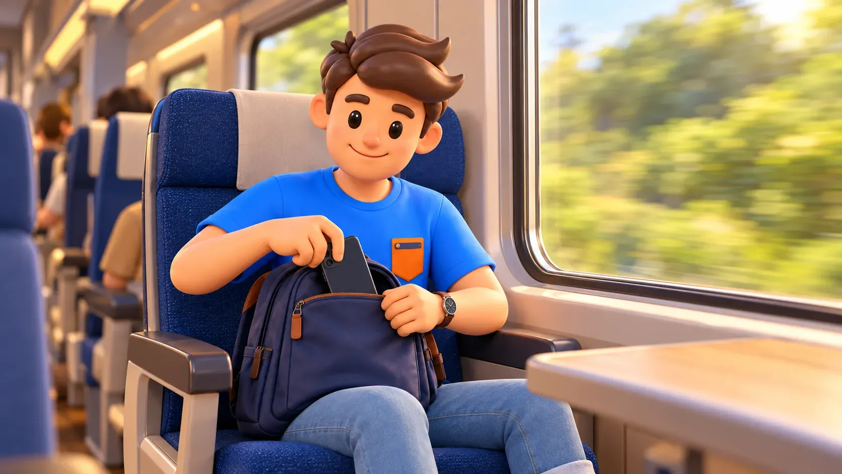 Traveller keeping his phone accessible during a train journey