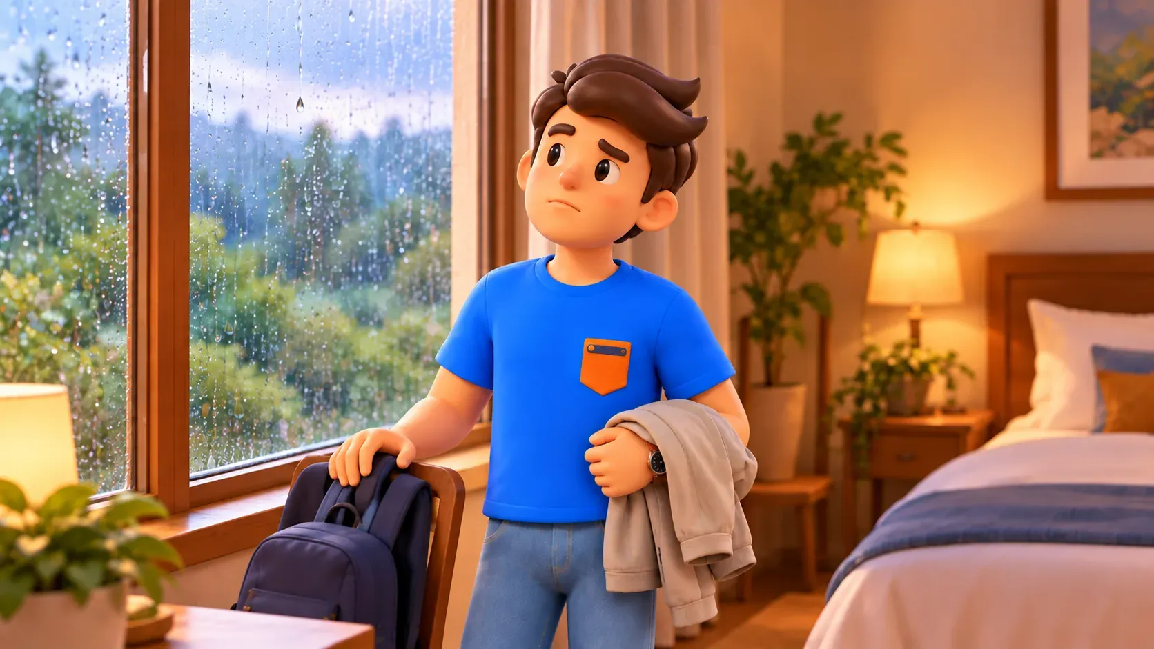 Traveller watching rain from his room before deciding to go out