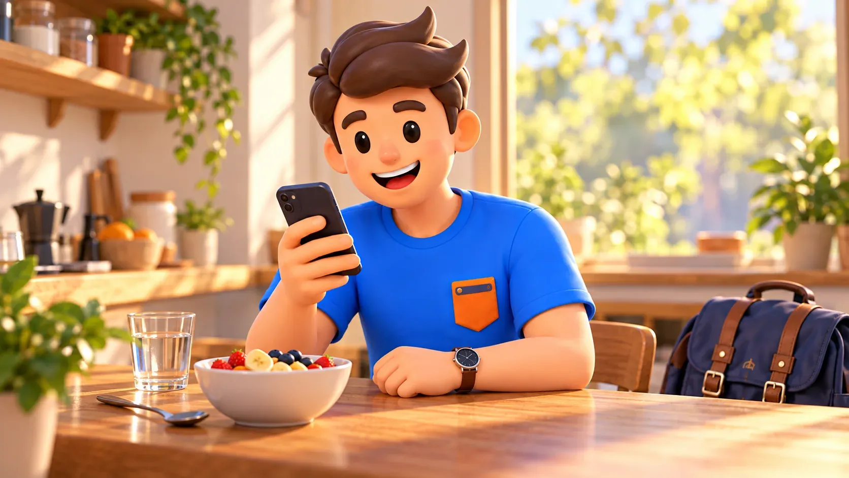 Voyageur préparant son téléphone au petit déjeuner avant de sortir