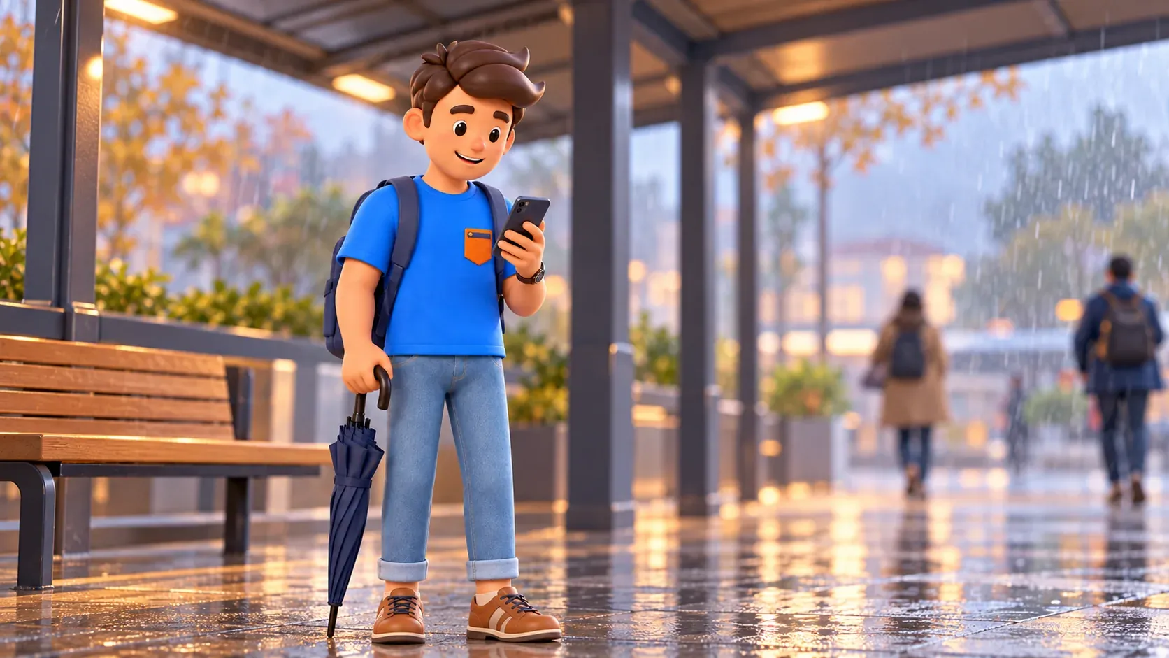 Voyageur consultant son téléphone à l’abri avec un parapluie fermé