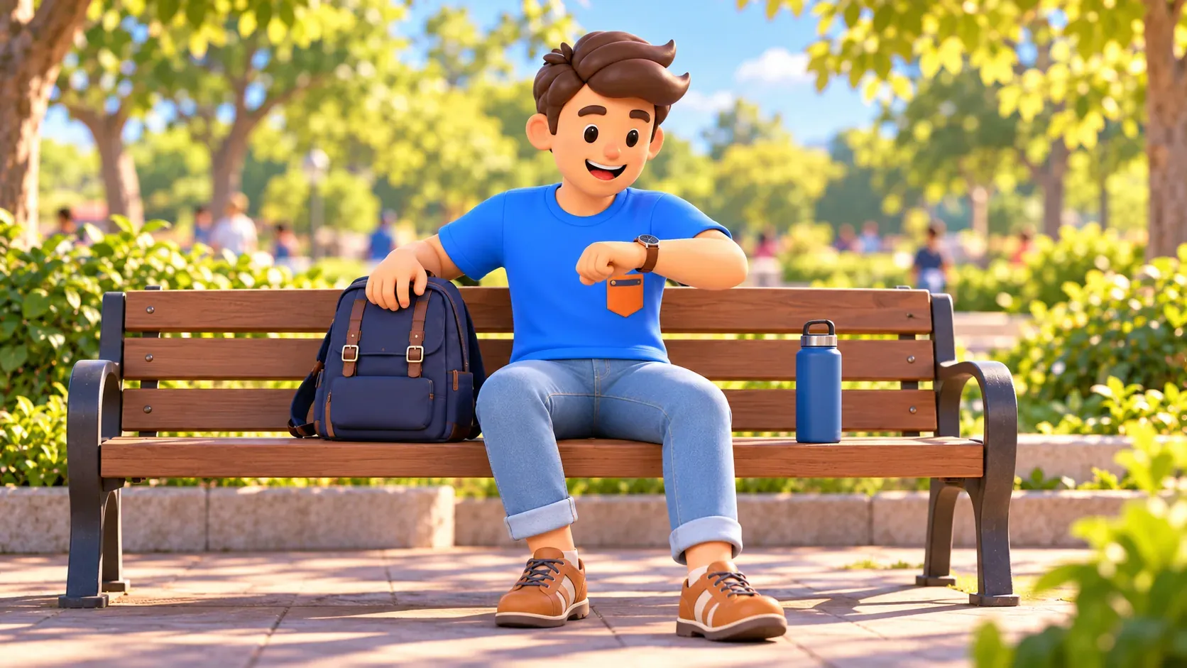 Traveller checking his watch during a shaded bench break