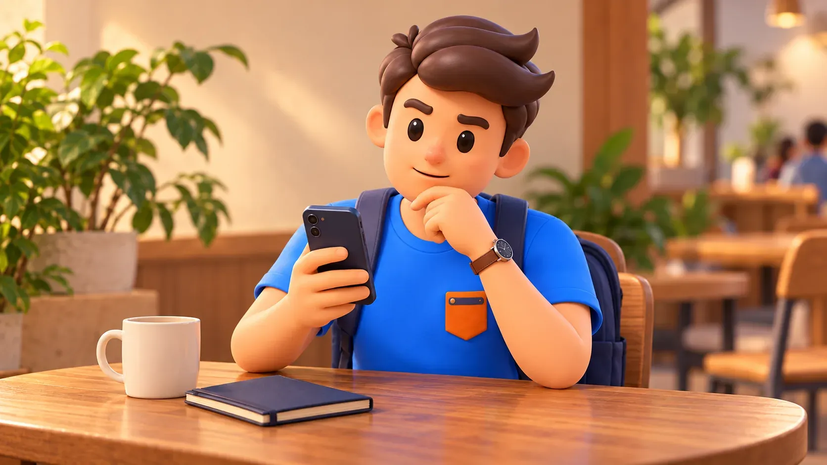 Traveller checking a booking on his phone at an ordinary café table