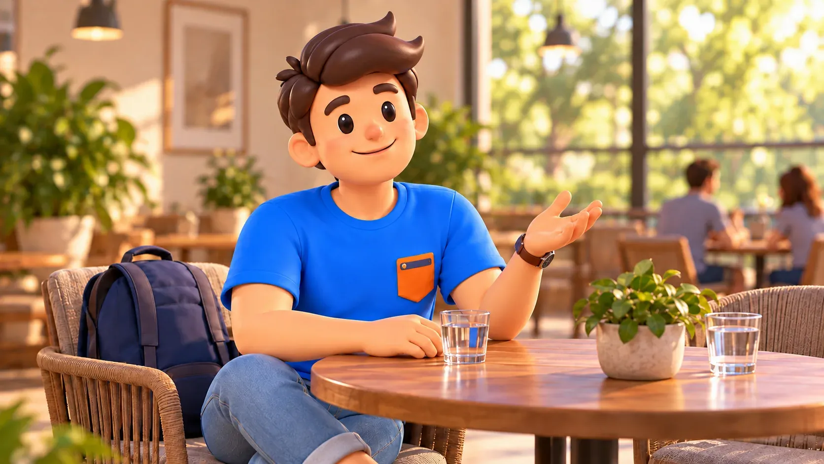 Traveller discussing preferred visits at a small table