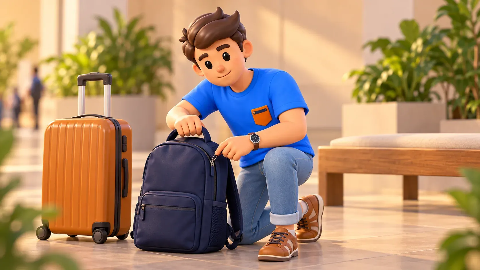 Viajero cerrando la mochila antes de continuar el trayecto