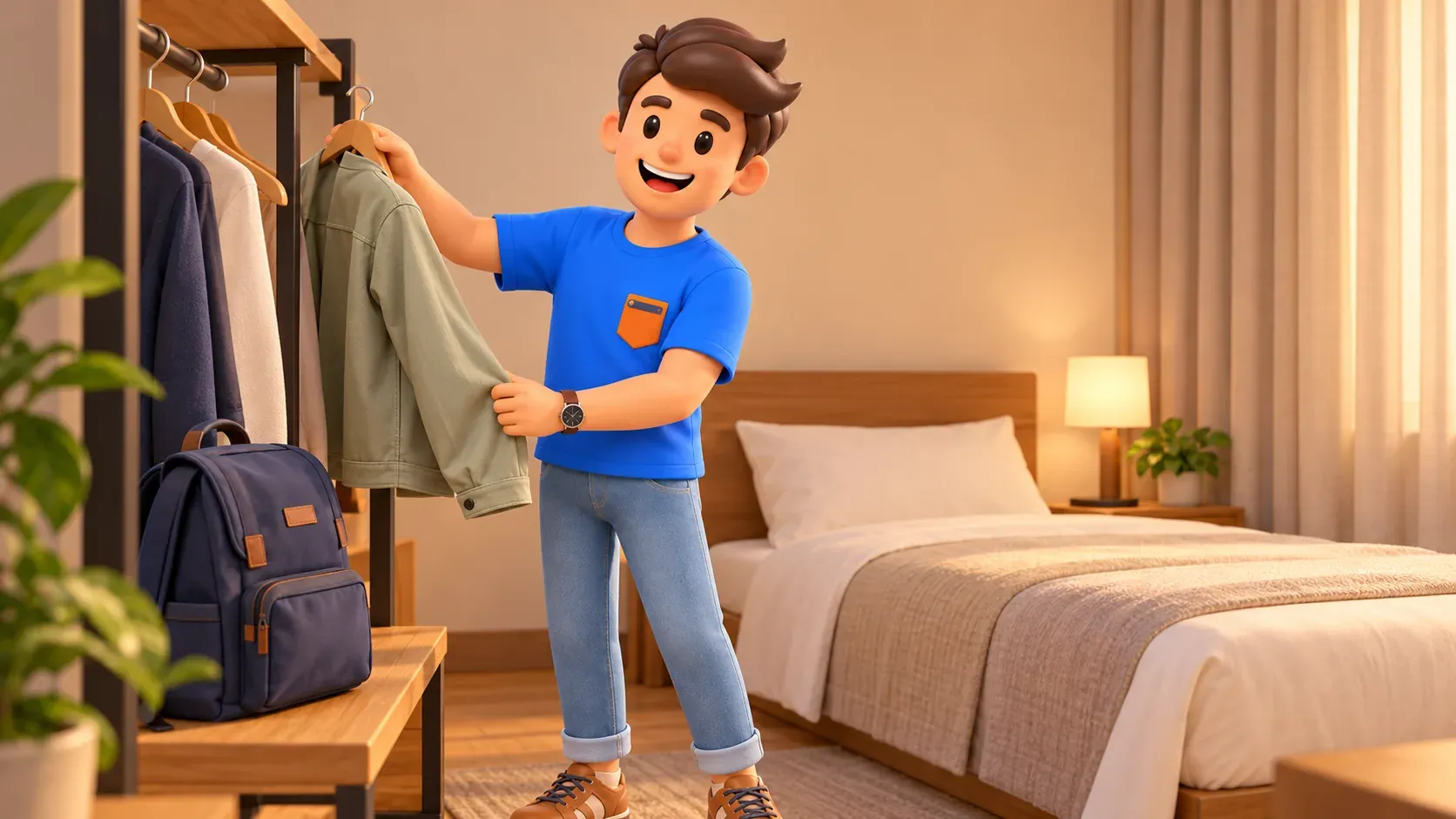 Viajero colgando una chaqueta en una habitación pequeña