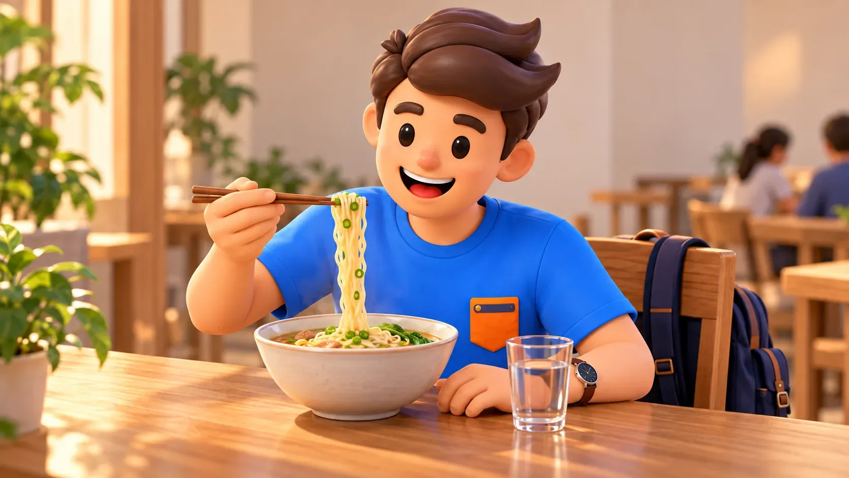 Viajero disfrutando de unos fideos en una zona tranquila