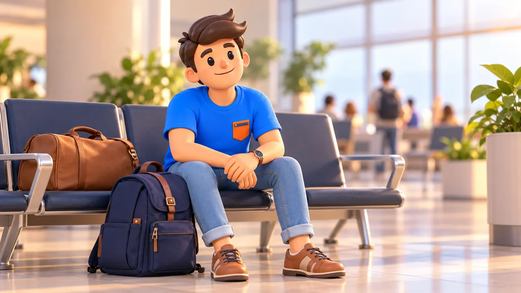 Viajero descansando junto a sus bolsas durante el trayecto
