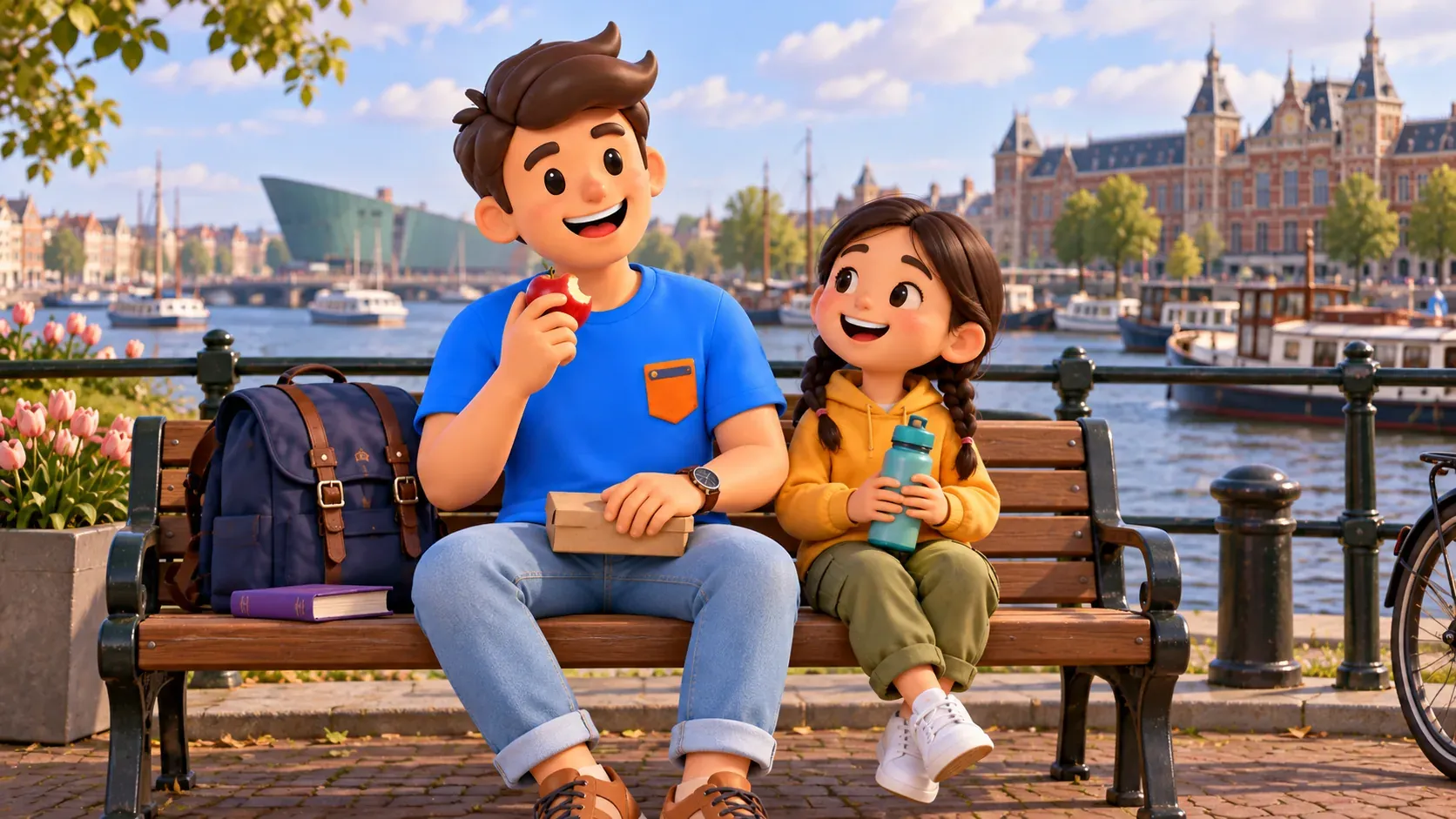 Illustration thématique d’un voyageur avec une pomme et d’une enfant avec une gourde sur un quai imaginaire d’Amsterdam