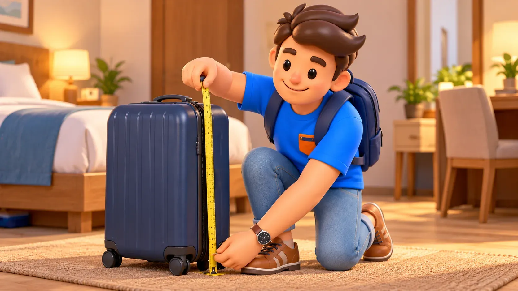Voyageur mesurant une valise remplie avec ses roulettes