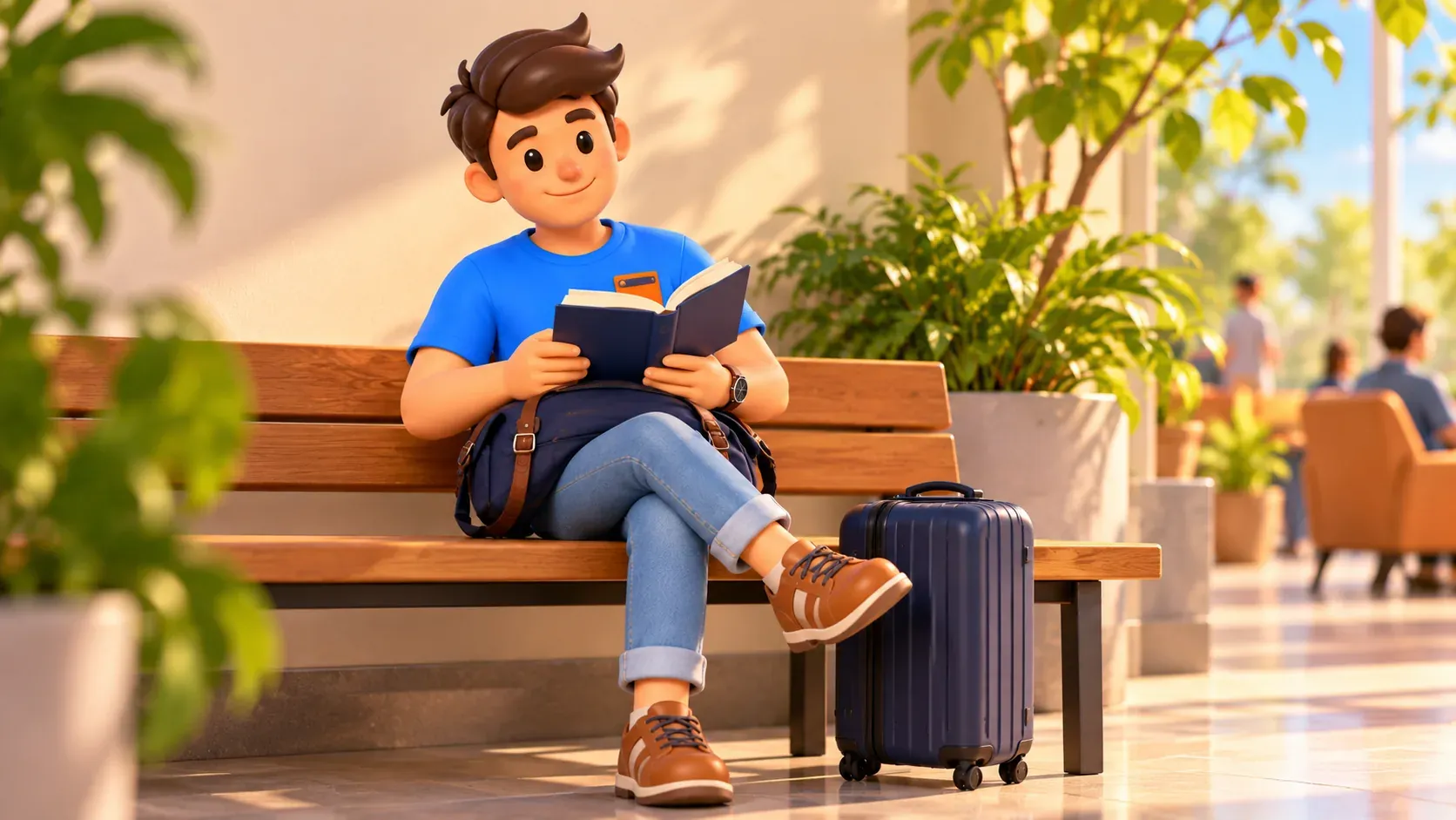 Voyageur lisant pendant l’attente avec ses bagages près de lui