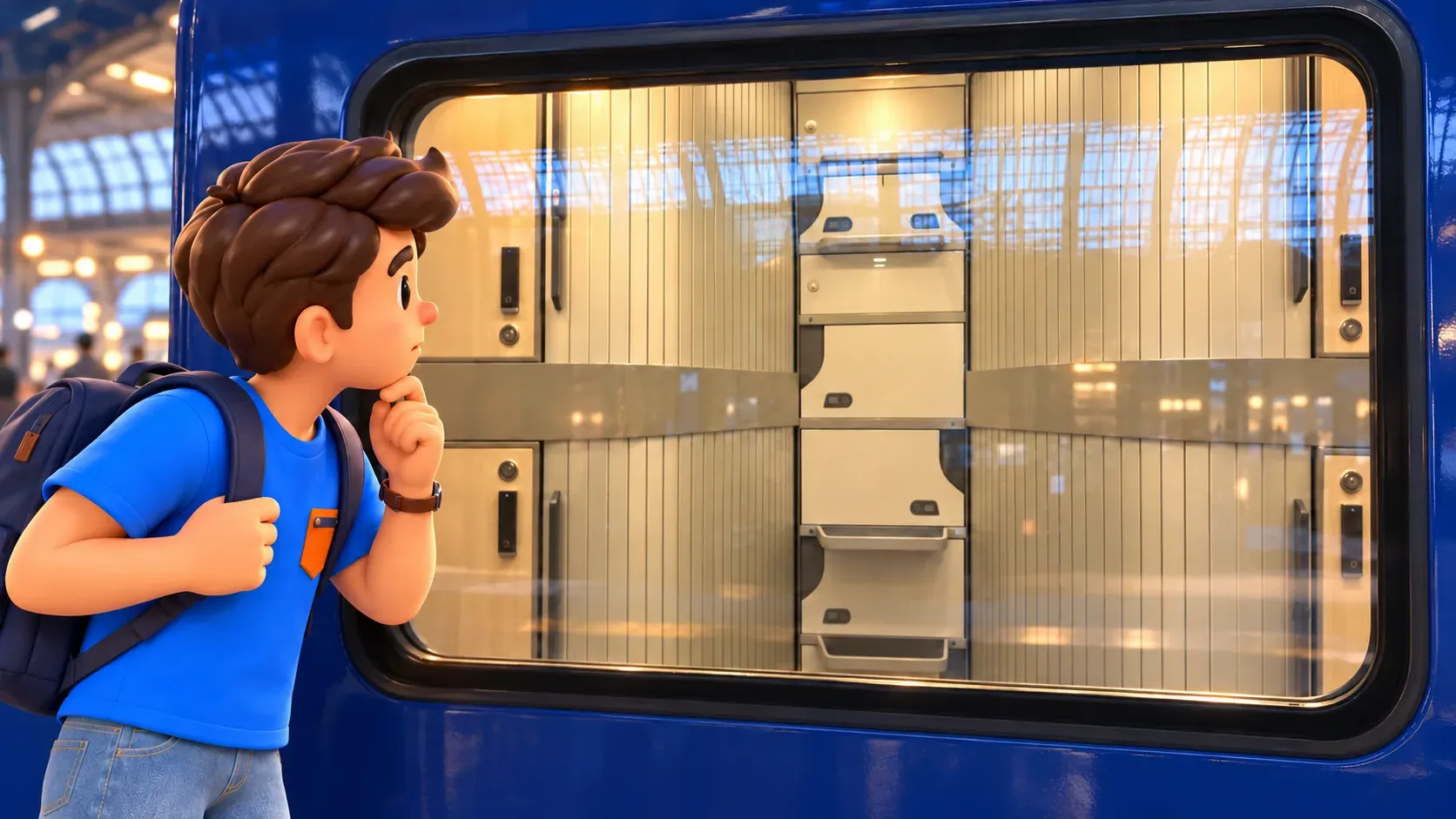 Voyageur observant les Mini Cabins et leurs casiers à travers une fenêtre du Nightjet