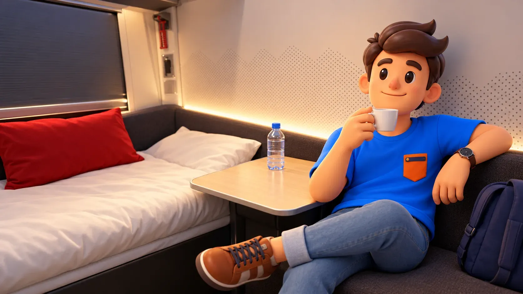 Voyageur à la table d’un compartiment-lit Nightjet redessiné d’après une photo