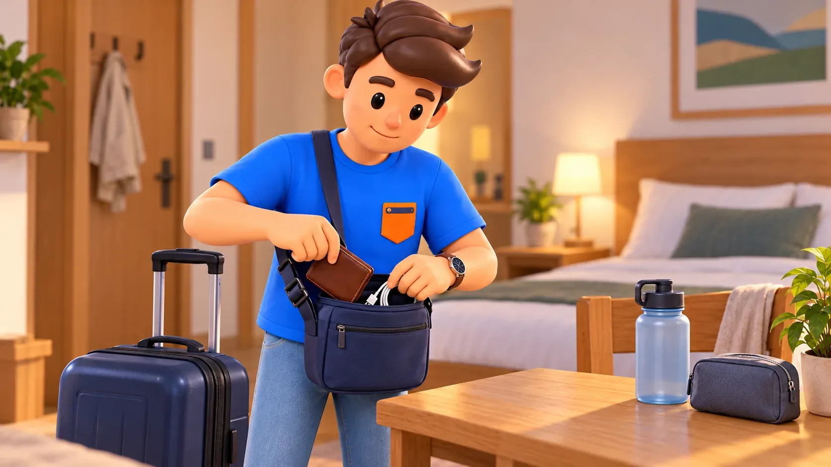 Traveller keeping everyday essentials in a small bag