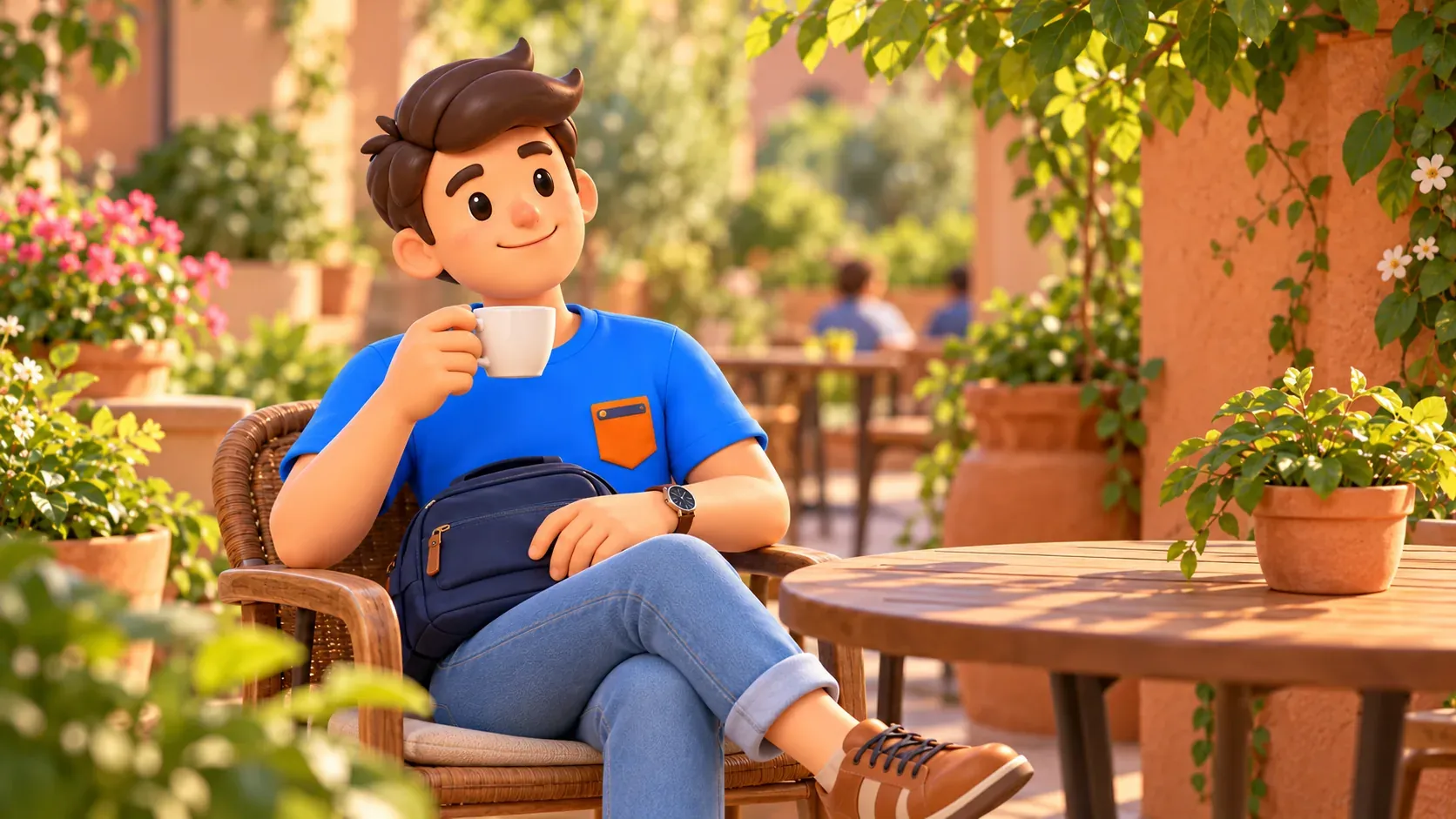 Traveller taking a café break with a small bag and no suitcase
