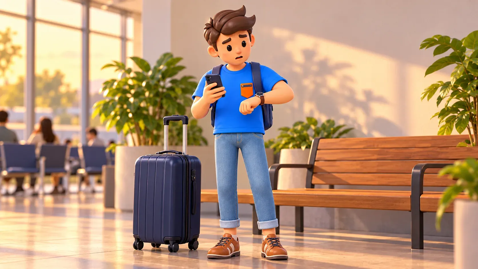 Traveller checking the time before departure with luggage ready