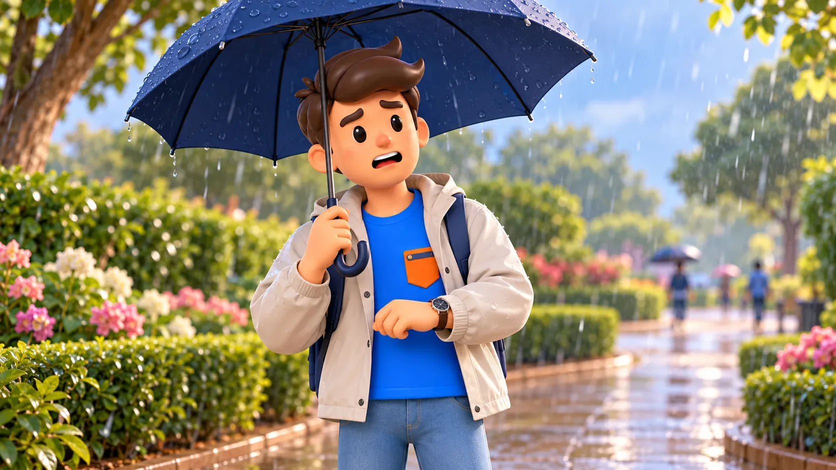 Voyageur en veste de pluie sous un parapluie