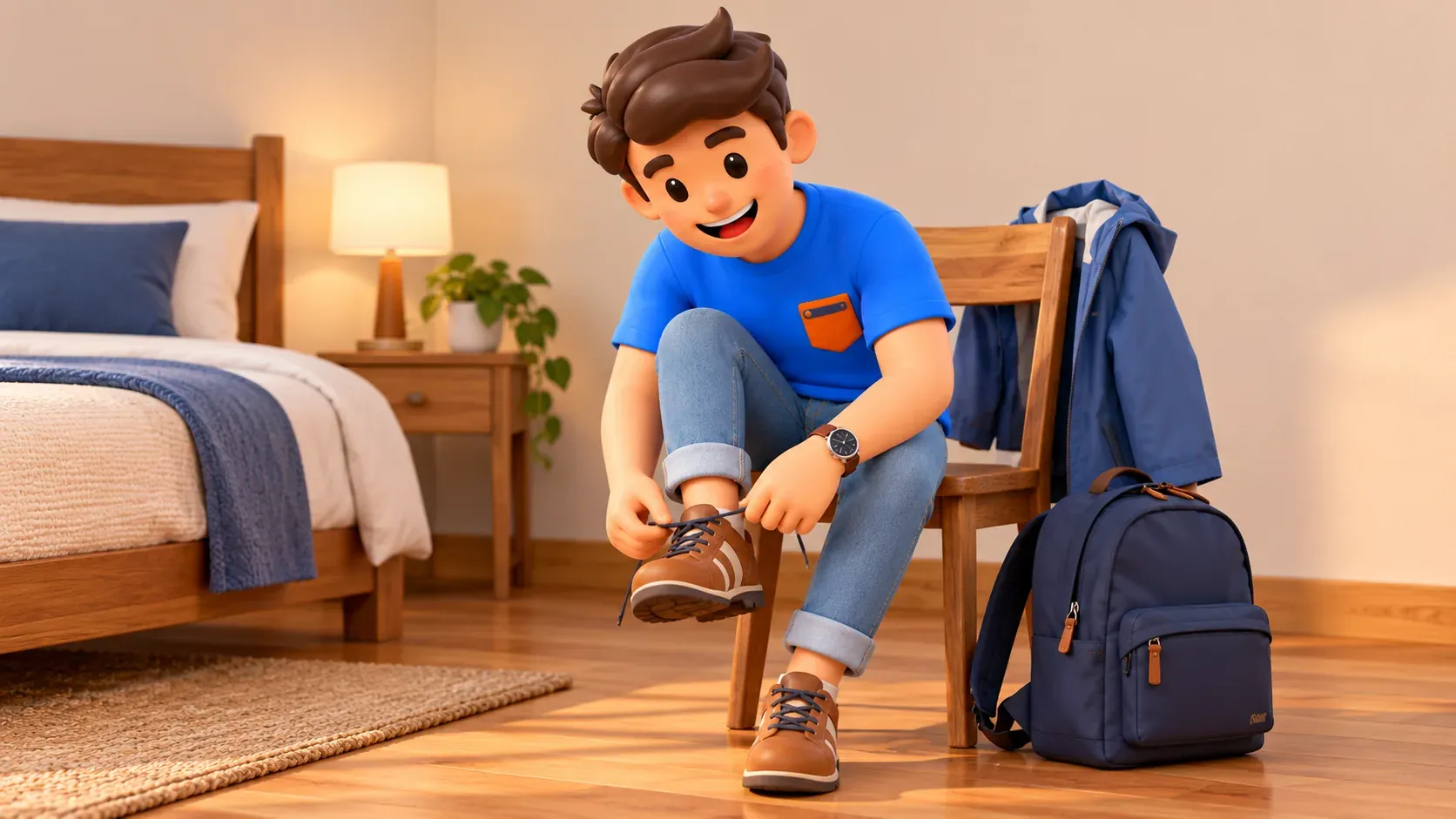 Traveller tying walking shoes before an outdoor visit