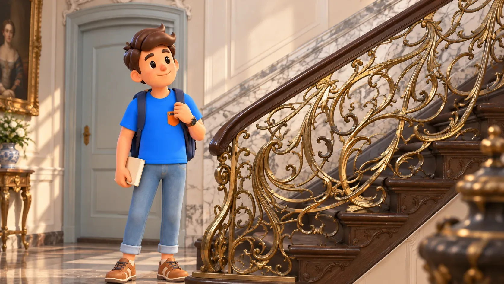 Von der Van-Loon-Treppe inspirierte Illustration eines Reisenden neben goldenem Geländer und Marmorwänden