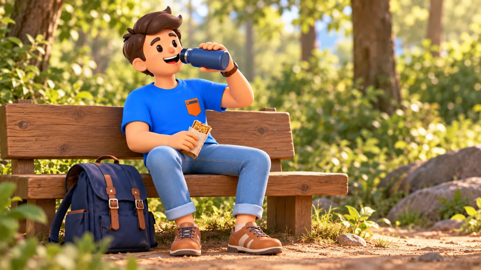 Traveller taking a forest-bench break with water and a snack