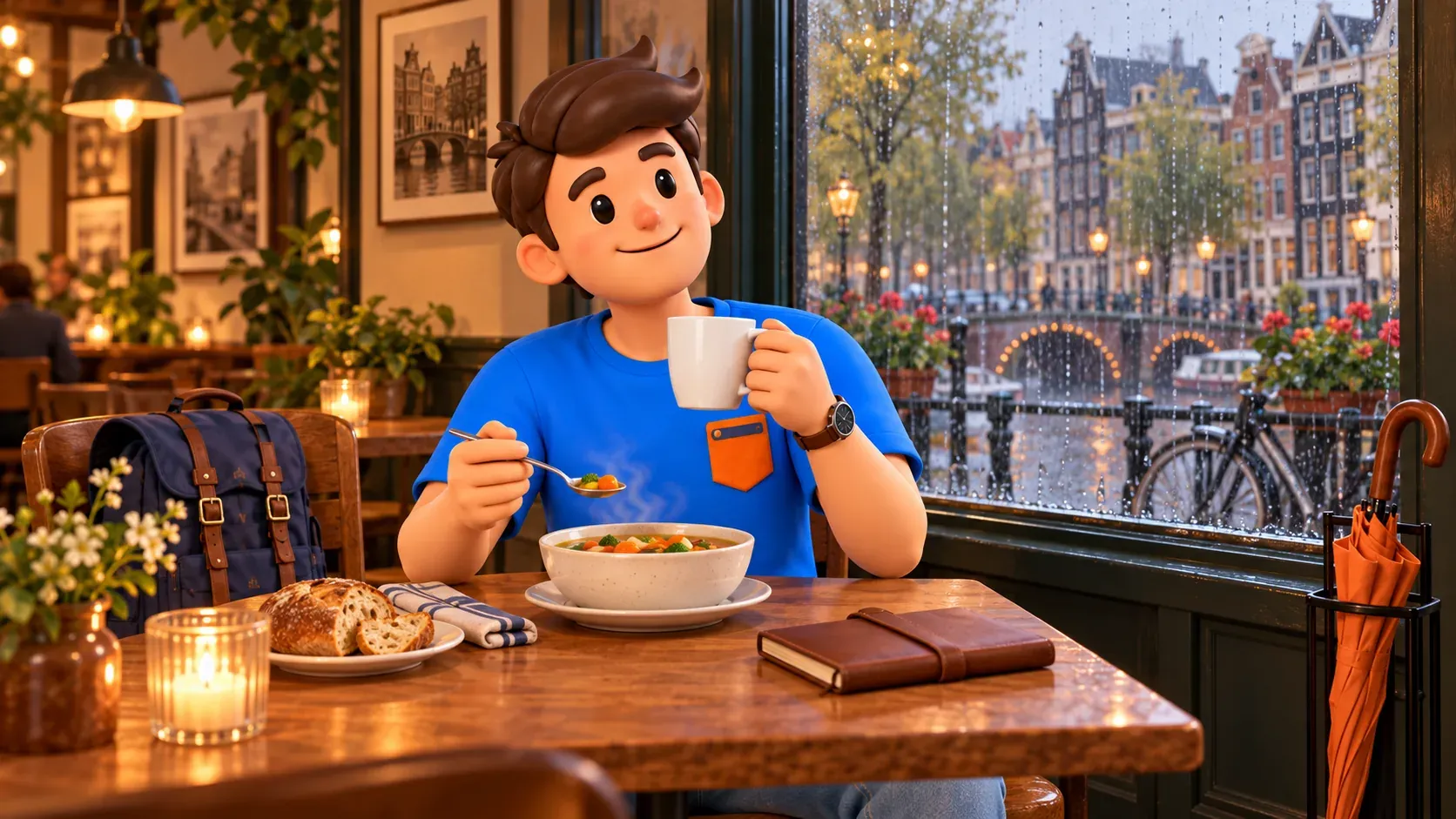 Thematische Illustration eines Reisenden mit Suppe und Tasse in einem erfundenen Café bei Regen