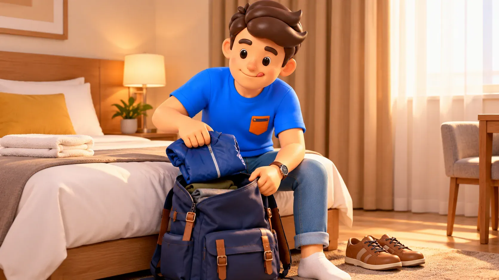Viajero guardando una chaqueta en la mochila antes de salir