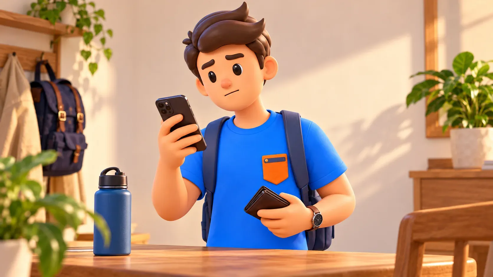 Viajero revisando el teléfono y preparando la cartera