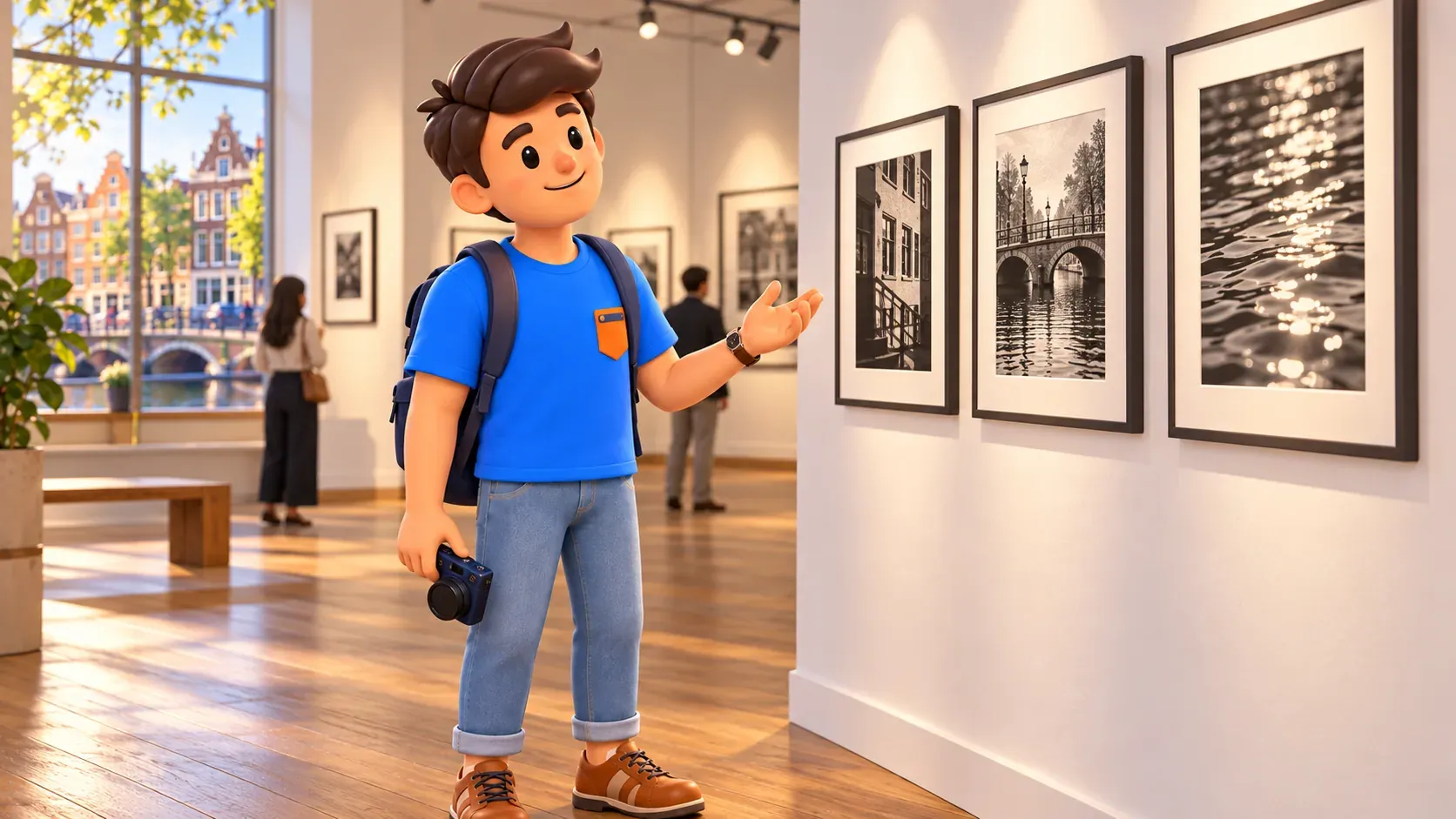 Thematische Illustration eines Reisenden mit abgedeckter Kamera beim Betrachten von Fotos in einer erfundenen Galerie