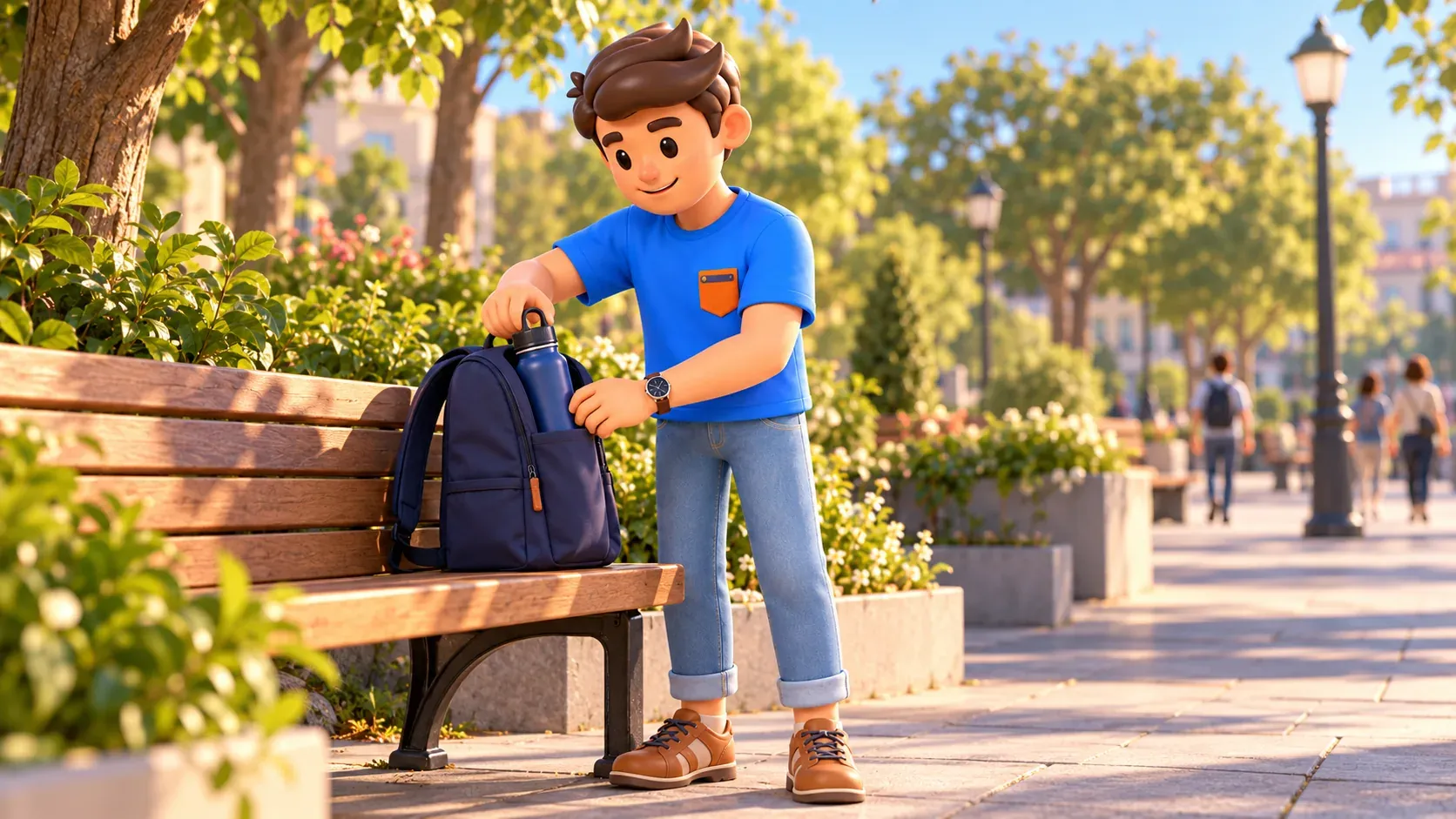 Voyageur prenant une bouteille dans son sac posé sur un banc