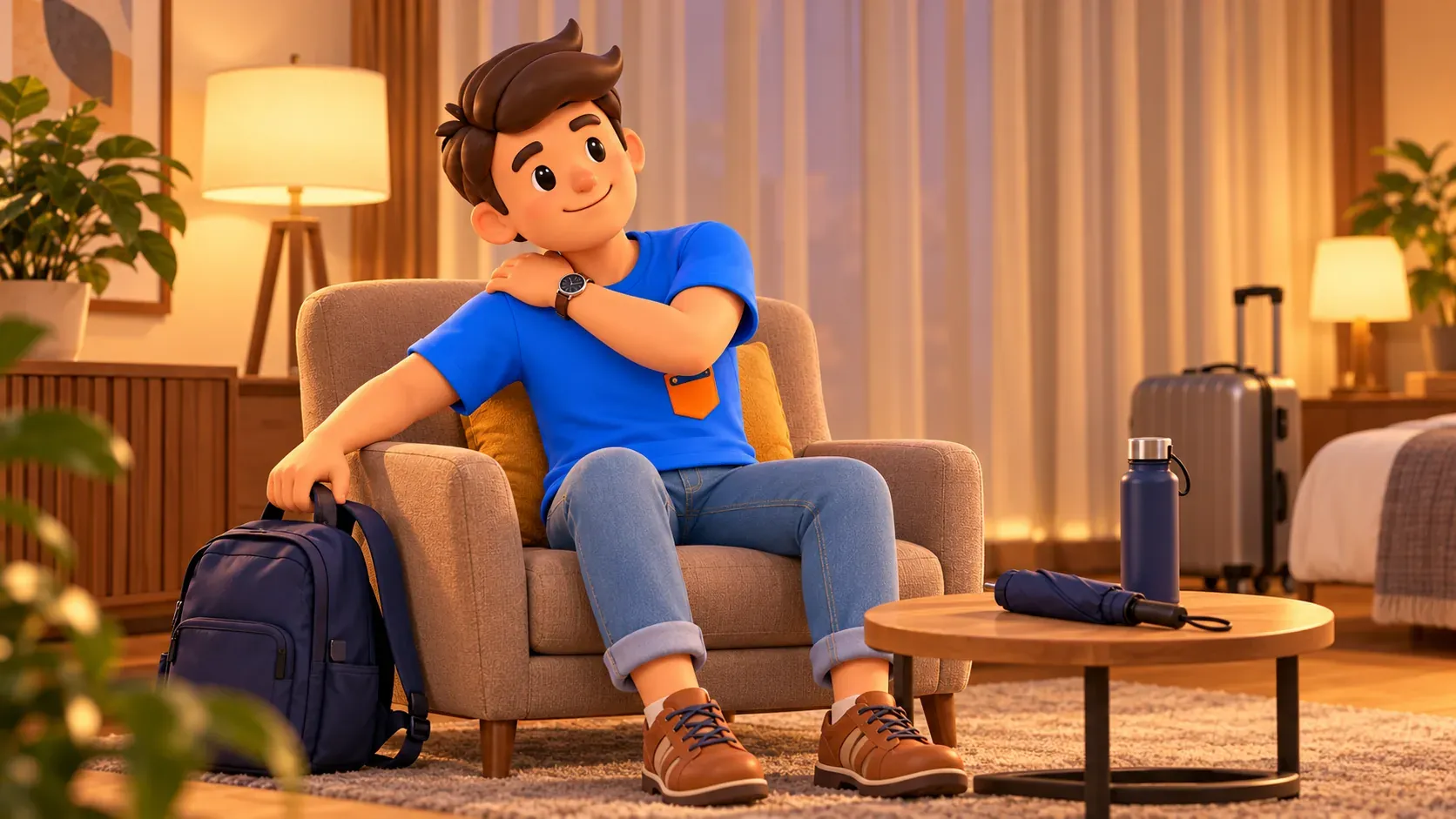 Voyageur posant son sac et se reposant dans un fauteuil