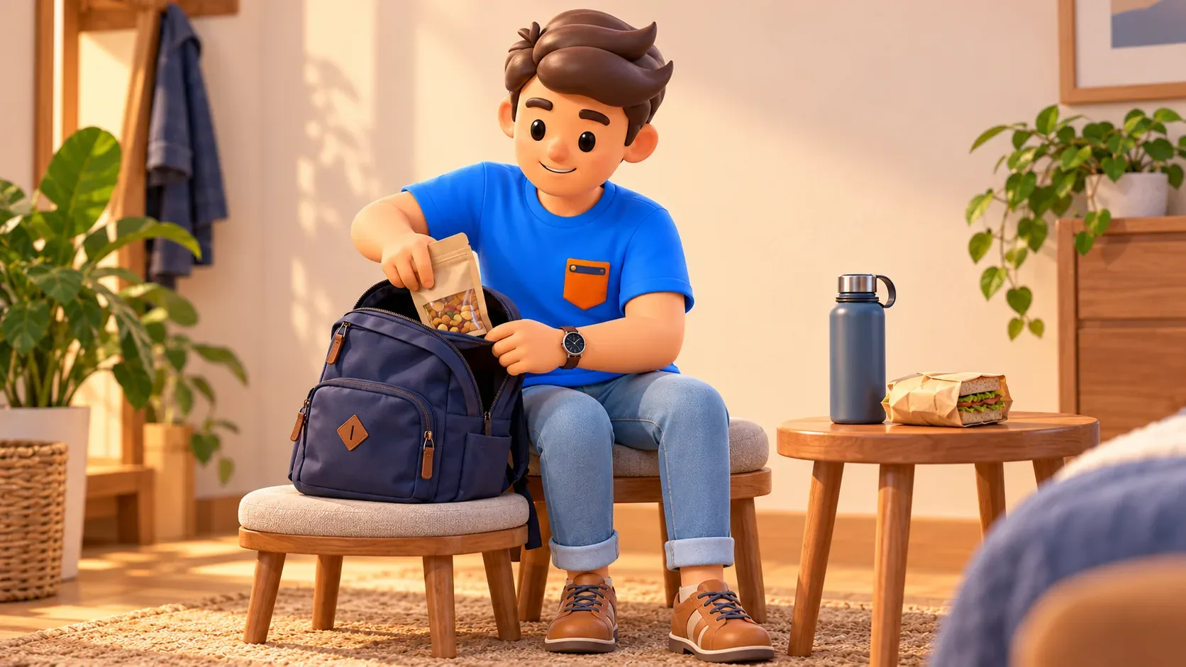 Voyageur rangeant un sachet de provisions dans son sac avant le départ