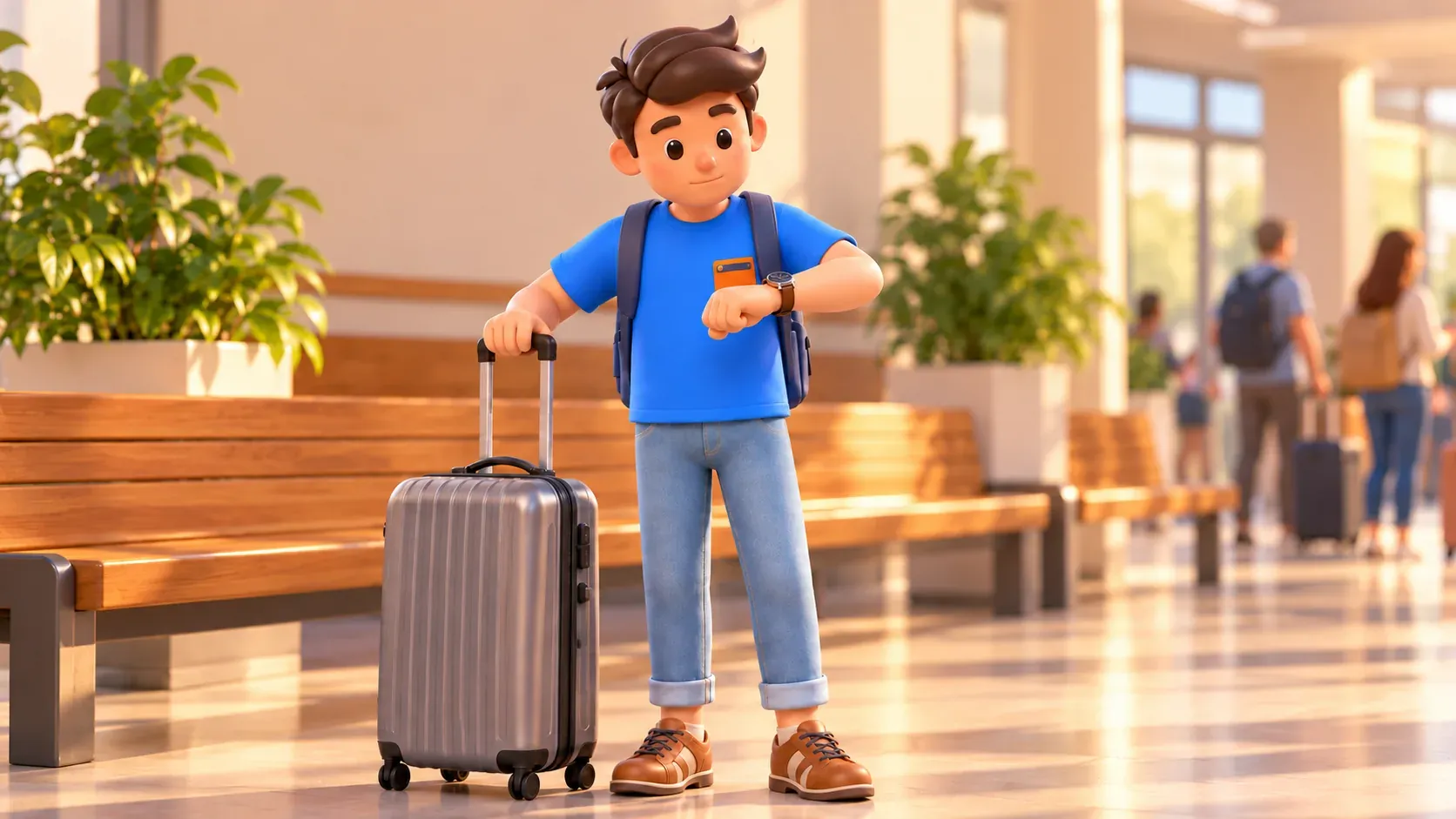 Voyageur avec une valise regardant sa montre dans une salle d’attente