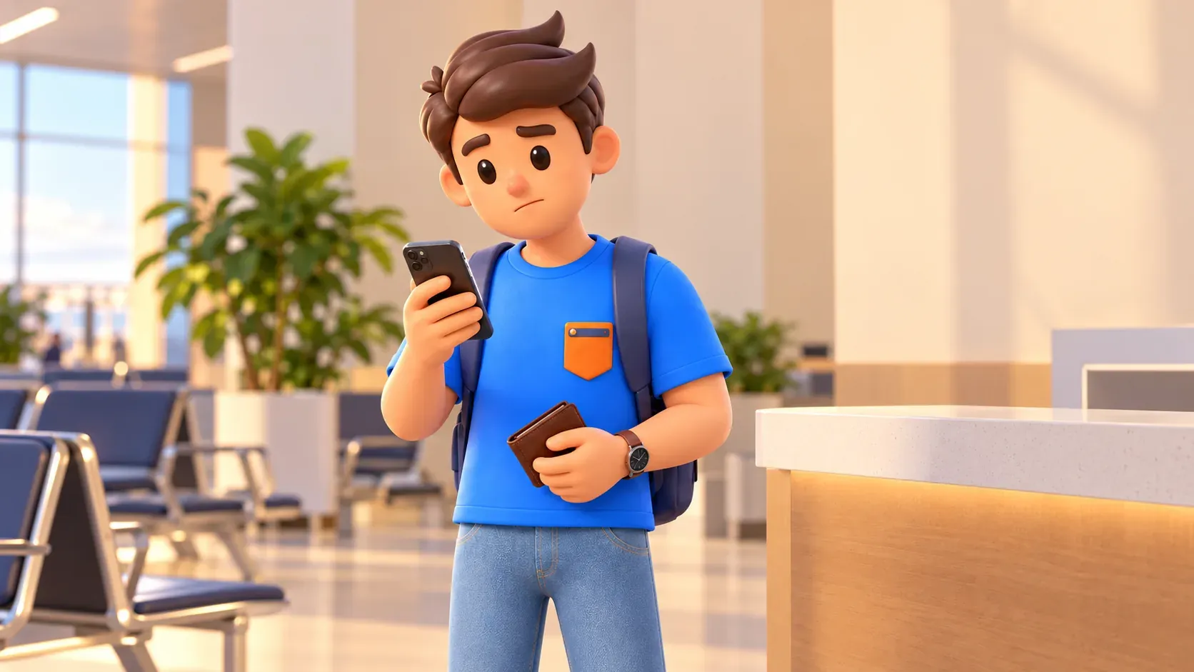 Viajero mirando el teléfono mientras sostiene una cartera cerrada