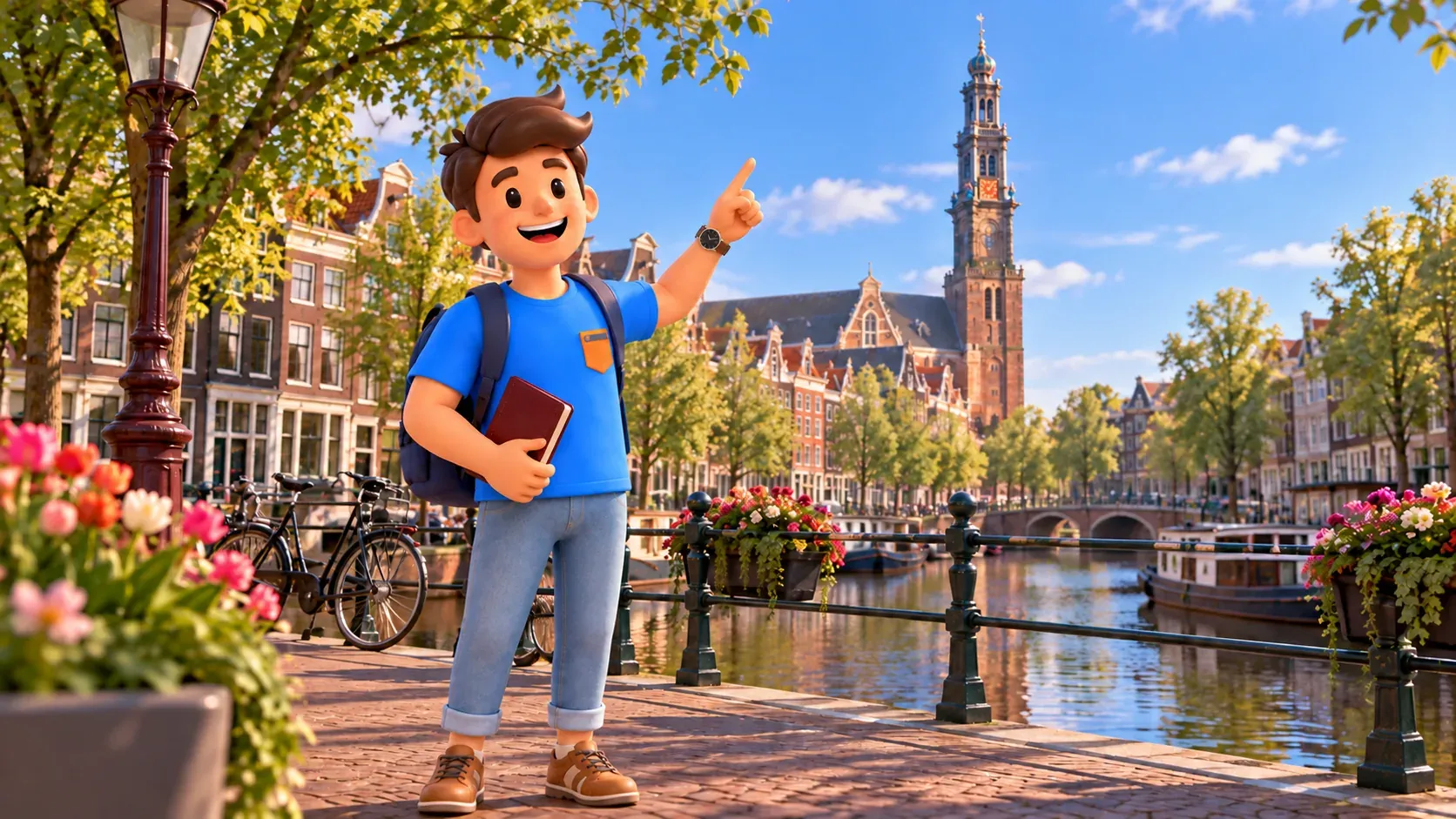 Ilustración inspirada en Westerkerk, con un viajero que lleva una libreta y señala la torre coronada junto al canal