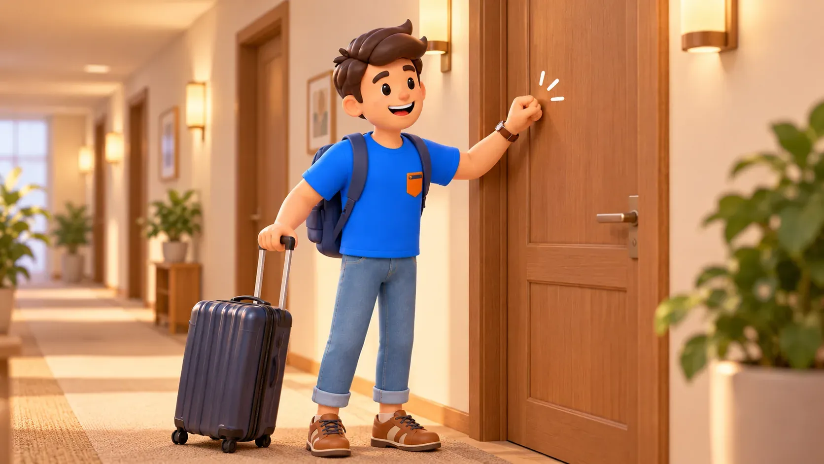 Viajero con maleta llamando a la puerta del alojamiento