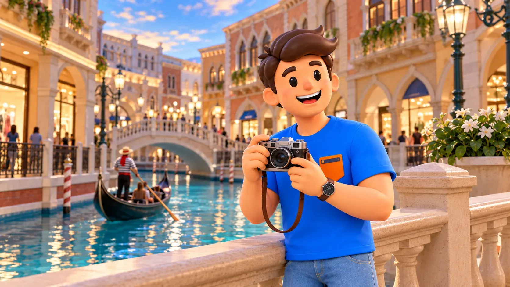 Personnage avec un appareil photo près du canal intérieur des Grand Canal Shoppes