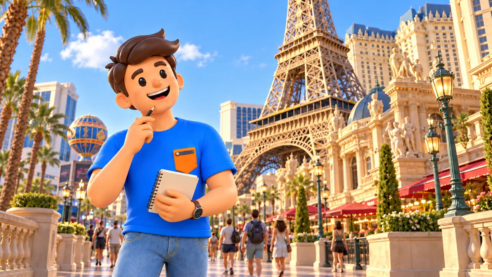 Personnage avec un carnet et un crayon observant la tour du Paris Las Vegas