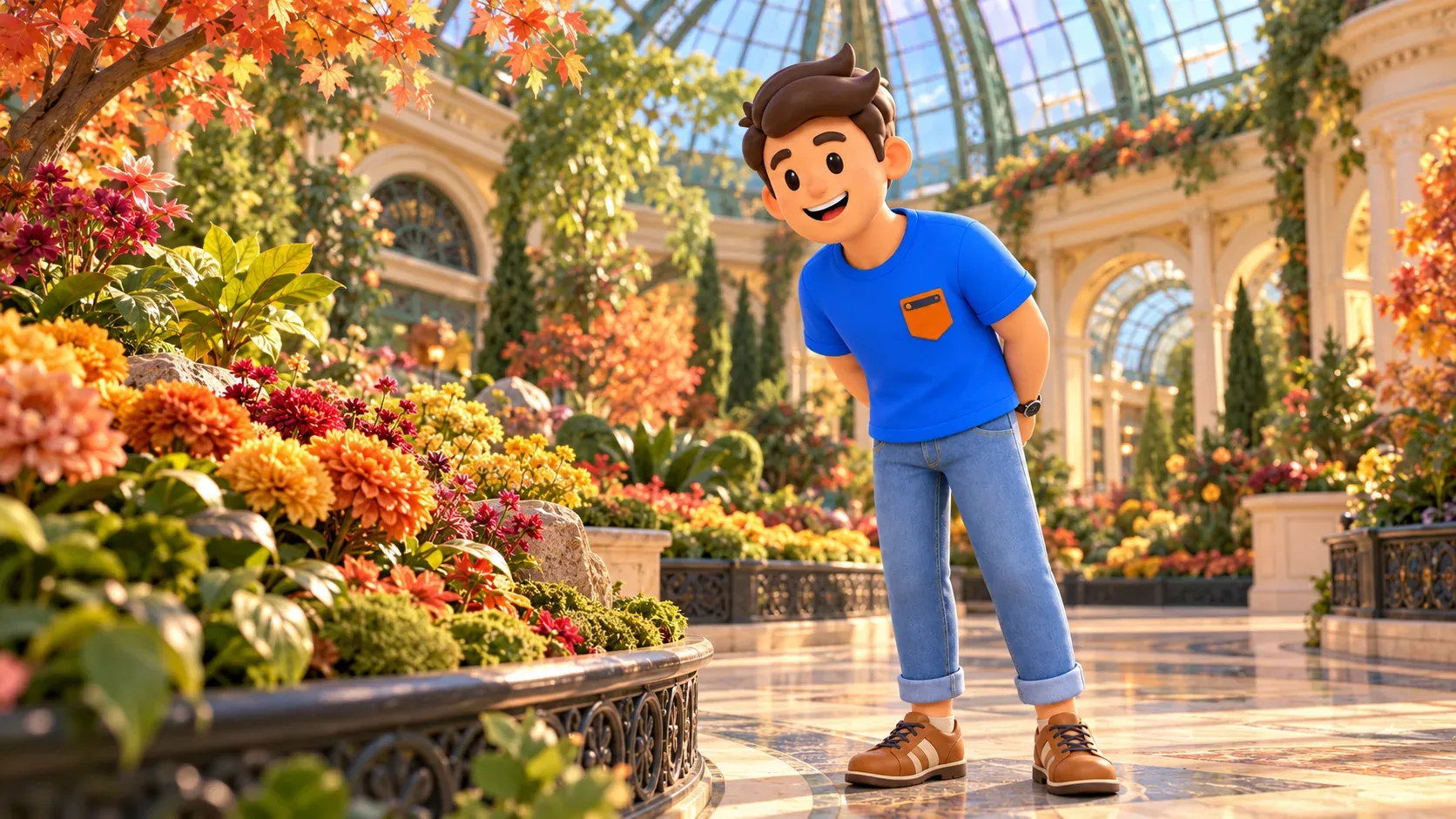 Personnage observant des fleurs dans une évocation du jardin du Bellagio