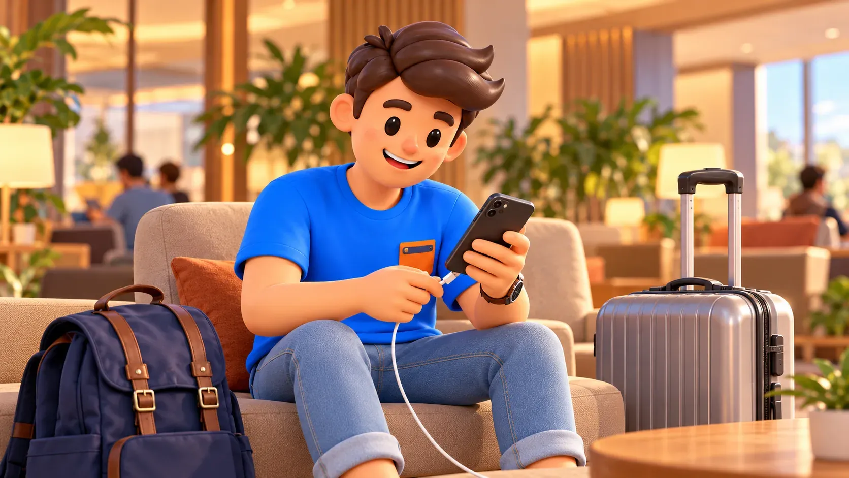 Personnage branchant un câble de recharge au téléphone avant le départ