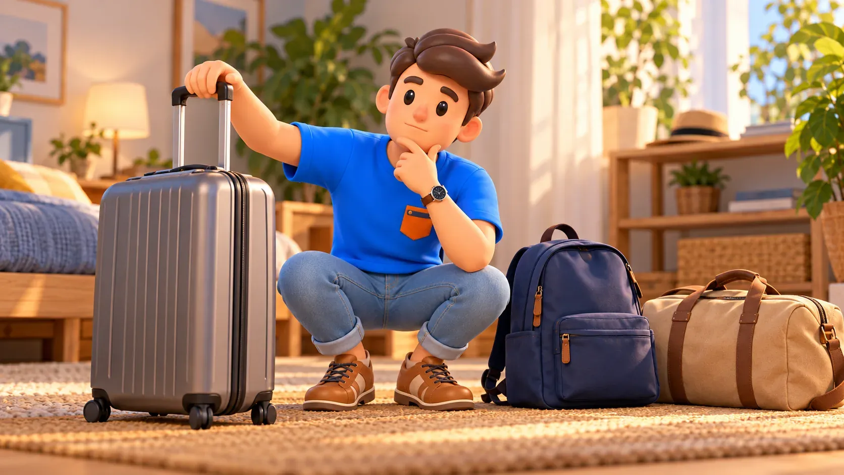 Voyageur évaluant le volume de sa valise, de son sac et de son sac à dos