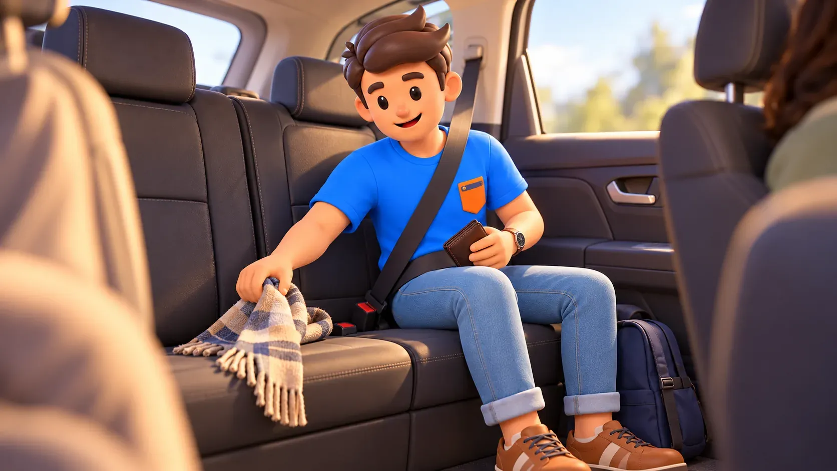 Personnage récupérant une écharpe sur la banquette arrière d’une voiture