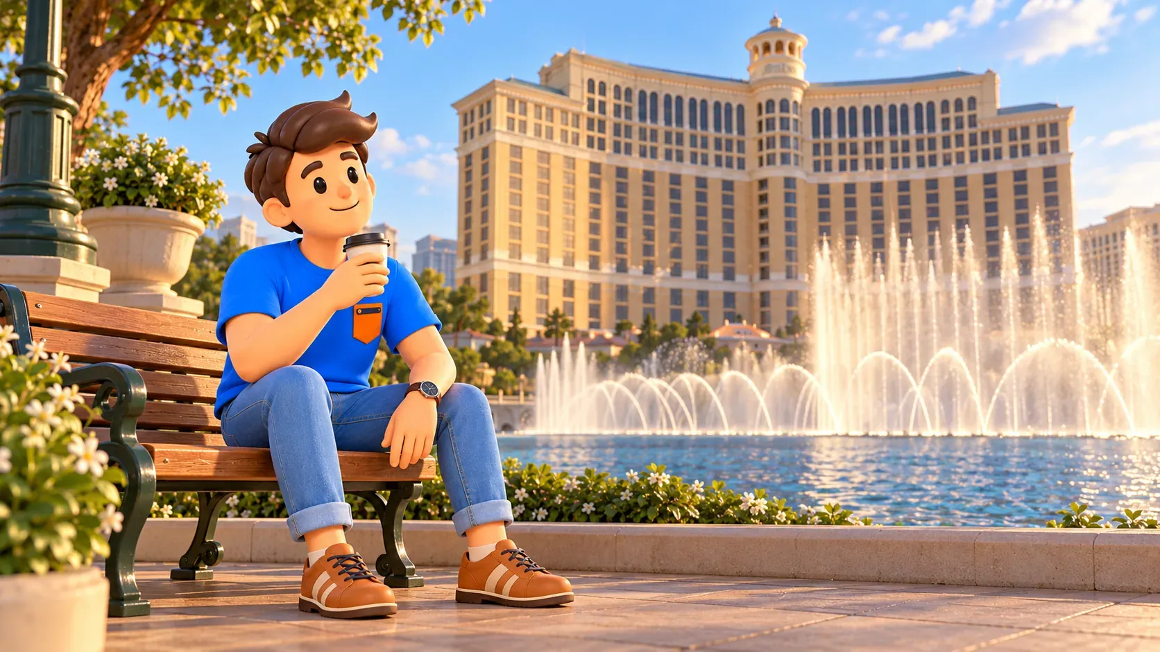 Character resting with coffee on a bench beside the Bellagio fountains