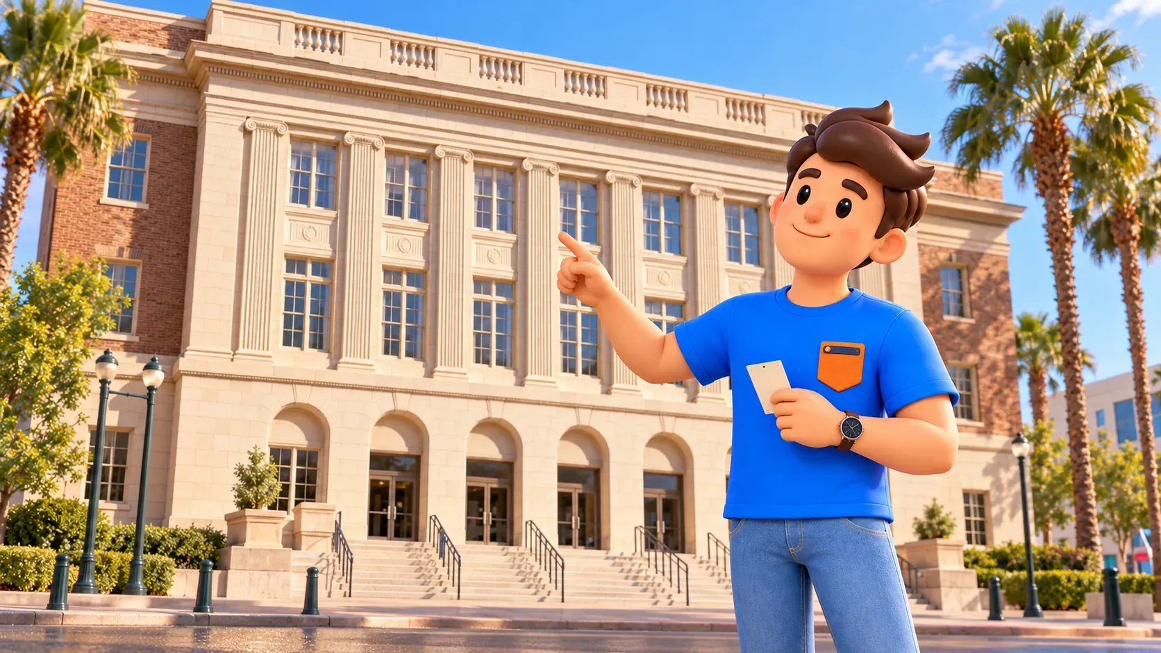 Character holding a ticket and observing the historic Mob Museum façade